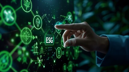 Fototapeta premium ESG Environmental Social Governance Investing Business Technology Concept. Sustainable Development Goals. Hand Touching ESG Icon on Virtual Screen