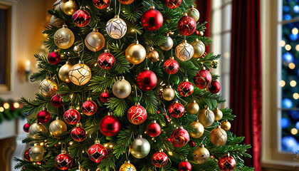 Christmas Tree with Red, Gold, and Off-White Ornaments
