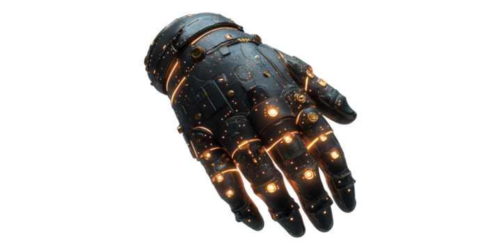 Futuristic robotic hand with illuminated details isolated on transparent background - Powered by Adobe