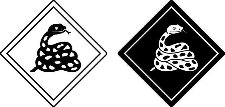 Snake Road Signs. Black and White Vector Icons. Reptile. Road Sign Warning Animals Crossing Road. Zoo Sticker