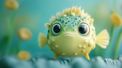 Adorable cartoon pufferfish in underwater scene.
