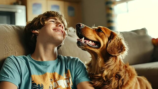 Guy and Dog in Matching T-Shirts on Cozy Living Room Sofa