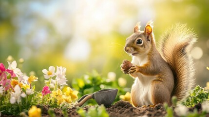 Obraz premium A hardworking squirrel holding a small acorn next to a tiny
