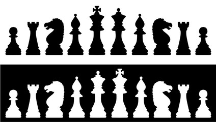 Silhouettes of black and white chess pieces, showcasing classic board game strategy elements.