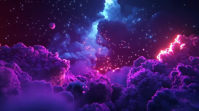 Dreamy purple clouds with glowing stars in a surreal cosmic landscape. - Powered by Adobe
