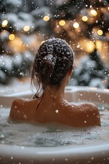 Obraz premium woman with champagne in jacuzzi in winter.