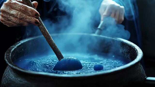 An aged hand stirs a bubbling blue potion in a dark cauldron.