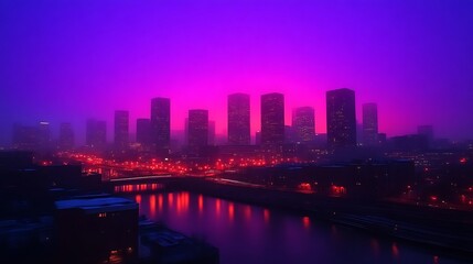 Naklejka premium City Skyline at Dusk Foggy Purple Hues