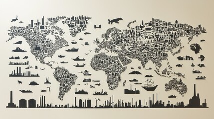 Fototapeta premium World map illustration featuring various icons and symbols.