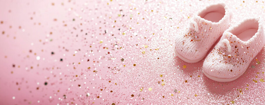 Illustration of a pair of baby booties for a newborn girl on a pink background with glitter and confetti.