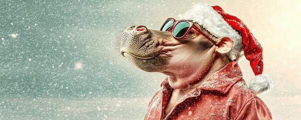 A festive hippo wearing sunglasses and a Santa hat, smiling in a snowy landscape, embodying a whimsical holiday spirit.