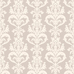 Damask seamless pattern. Luxury vector background in beige color. Elegant ornament in baroque, rococo, renaissance, revival style. Abstract texture with curly floral elements. Subtle repeated design