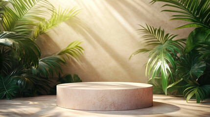 Obraz premium Natural light illuminating a circular platform surrounded by lush tropical plants in a serene indoor space