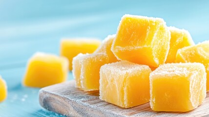 Refreshing frozen mango cubes on wooden board against blue background - ideal for summer desserts and smoothie ingredients