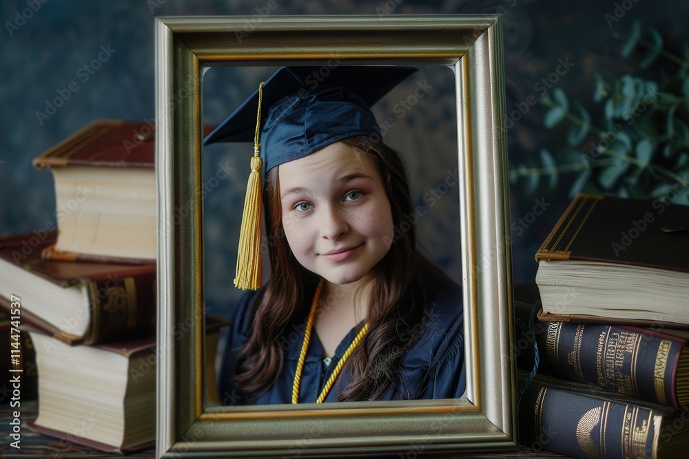 Aufkleber graduation portrait framed among books and school items with ample copy space for personalized messa