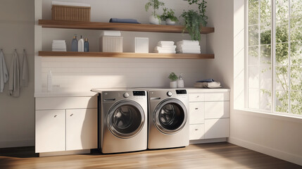 Modern laundry room featuring stylish washing machines and natural light in a spacious design