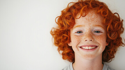 Cheerful red-haired boy Wide smile White t-shirt, white background