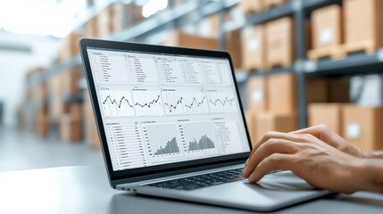 Manager analyzing data trends on laptop in warehouse environment
