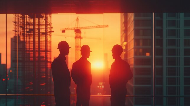 Silhouetted Construction Collaboration at Sunset