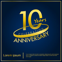 10th years elegant anniversary celebration emblem. golden anniversary logo isolated with oval ring on dark blue background. vector illustration template design for web, flyers, poster, greeting card