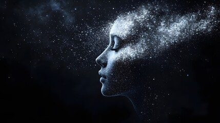 A side profile of a human face made of glowing particles