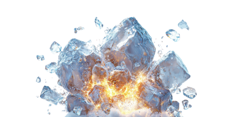 Exploding ice cubes with fire within isolated on transparent background