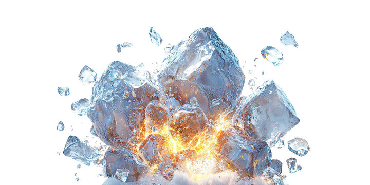 Exploding ice cubes with fire within isolated on transparent background