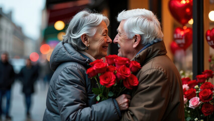 old gray-haired woman smiling happily and holding a bouquet of red roses, hugging an old gray-haired man on blurred background of a flower shop with heart-shaped red balloons, valentine's day