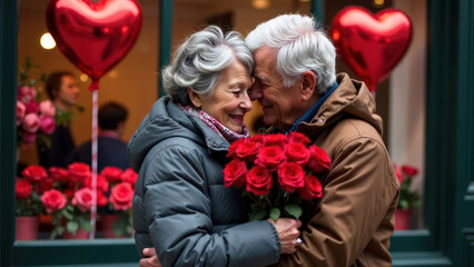 old gray-haired woman smiling happily and holding a bouquet of red roses, hugging an old gray-haired man on blurred background of a flower shop with heart-shaped red balloons, valentine's day