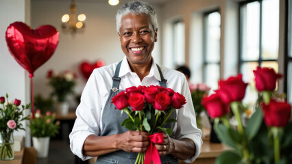 Portrait happy dark-skinned gray-haired elderly old woman florist in a grey apron holds a bouquet of flowers on the background of a flower shop with red heart-shaped balloons, Valentine's Day concept