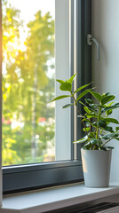 Plante verte en pot sur le rebord d'une fenêtre avec vue sur des arbres ensoleillés.