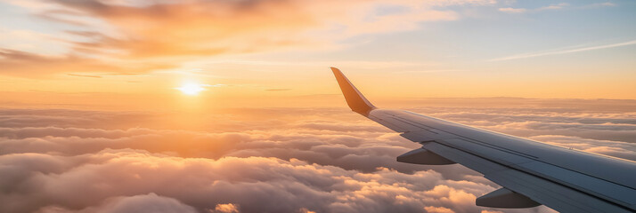 A breathtaking image of an airplane wing cutting through clouds as the golden hues of sunset paint the sky, capturing the magic and serenity of high-altitude travel.