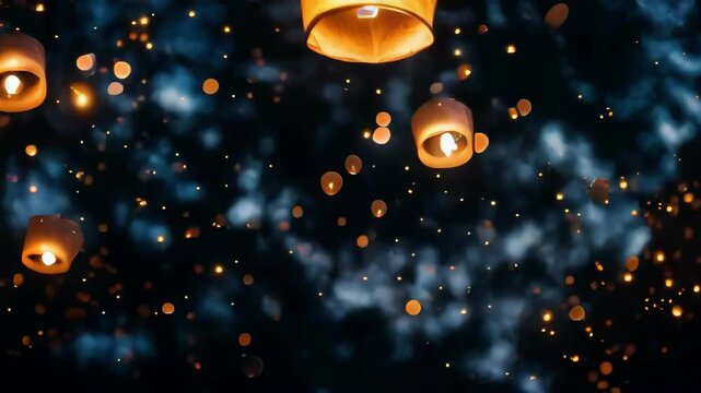 Warm, glowing sky lanterns ascend into the night sky, creating a magical and celebratory atmosphere. Ideal for festivals, celebrations, wishes, and hope-themed projects.. AI Generation