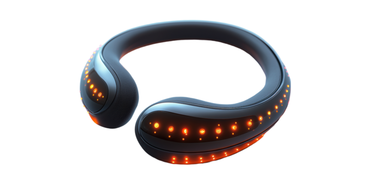 Futuristic black headphones with glowing orange lights isolated on transparent background
