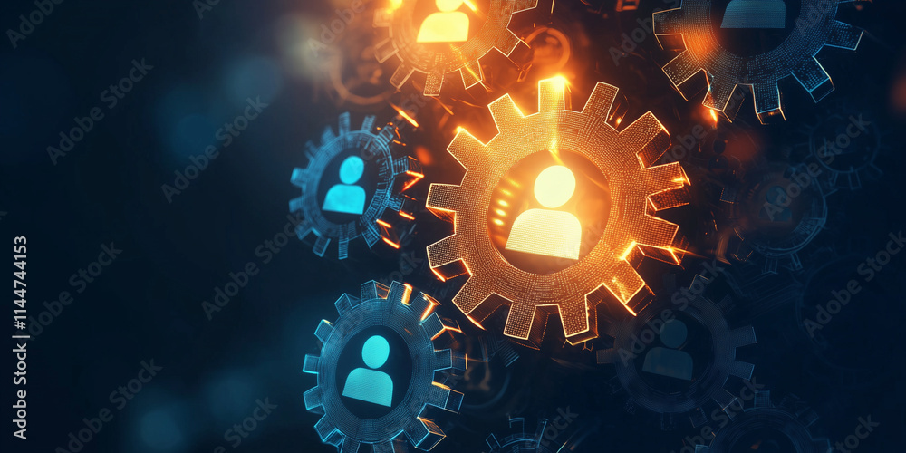 Fototapete multiple glowing gears with user icons symbolize digital connections, teamwork, and innovation in a 