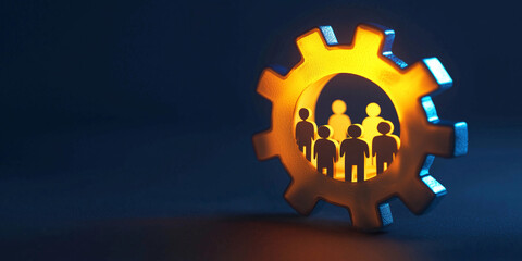 A glowing gear with human figures in the center represents integration, collaboration, and operational synergy within a mechanical and technological system.