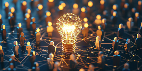 A glowing lightbulb in a network of connected people highlights creativity, innovation, teamwork, and collaborative problem-solving in a conceptual digital environment.