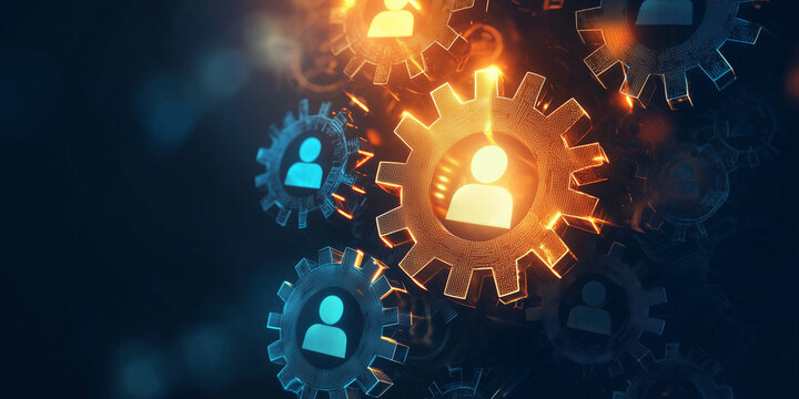 Multiple glowing gears with user icons symbolize digital connections, teamwork, and innovation in a futuristic interconnected system.