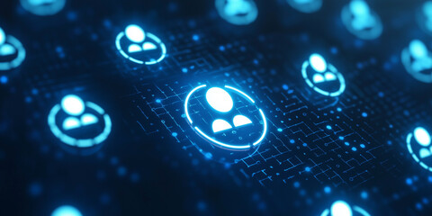 A glowing digital network layout with user icons highlights connectivity, identity, and modern technological innovation.