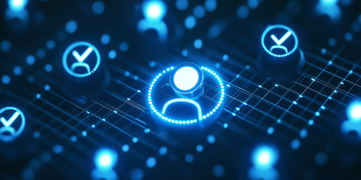 Multiple illuminated user icons in a blue grid represent digital connections, identity verification, and technological networking.