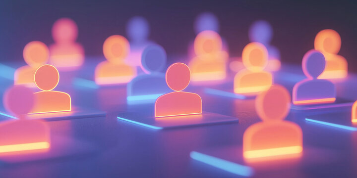 Neon user icons in a vibrant layout represent individuality, connectivity, and innovative technology in a futuristic setting.