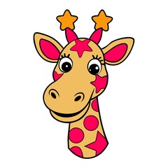A smiling giraffe head with simple spots shaped like stars.
