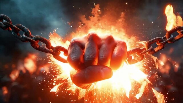 Burning fist shatters chains amidst fire and smoke, symbolizing strength, freedom, and rebellion. Ideal for revolution or power themes.. AI Generation