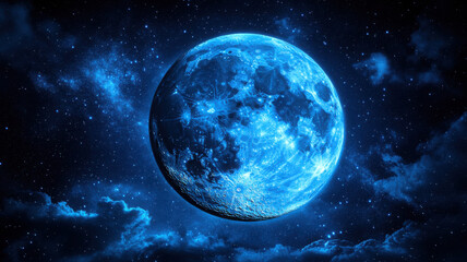 Obraz premium Bright full moon in clear night sky with stars, illuminating dark clouds and creating serene atmosphere. beauty of night captivates viewer