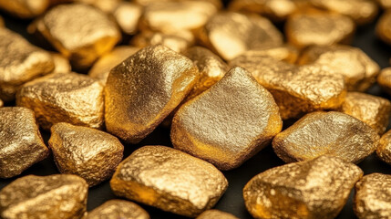 A captivating close-up of glimmering gold rocks resting on a dark surface. Ideal for themes of luxury, wealth, and elegance, this image showcases texture and beauty