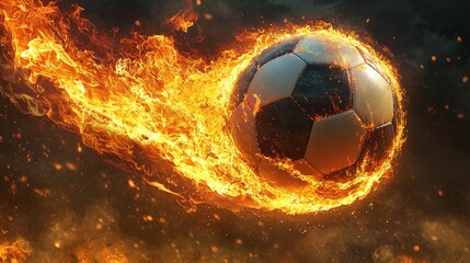Fototapeta premium Fiery soccer ball in motion with intense flames on dramatic background