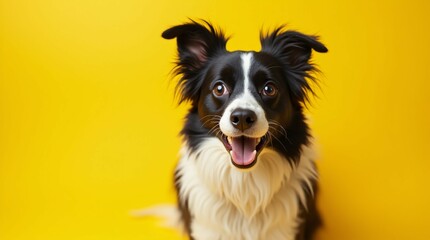 Fototapeta premium Happy Border Collie Puppy Isolated on a Yellow Background.
