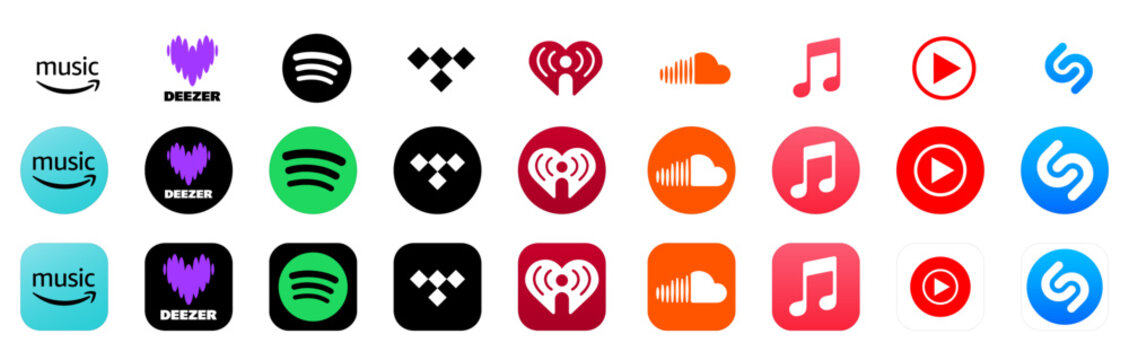 Set of music app icons. Social networking, media. Spotify, Youtube, Deezer, Soundcloud, Tidal, iHeart radio, Shazam, Amazon, Apple. Music streaming service, social media platform