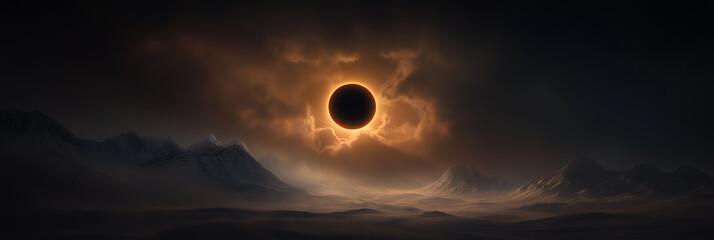 A breathtaking solar eclipse casting a ring of fire above a vast, icy mountain landscape, illustrating nature's awe-inspiring celestial phenomena and dynamics.