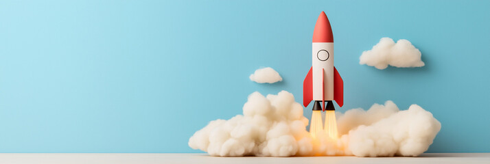 A brightly colored toy rocket takes off with billowing clouds around it, reflecting dreams, imagination, and the spirit of adventure in a playful whimsical style.
